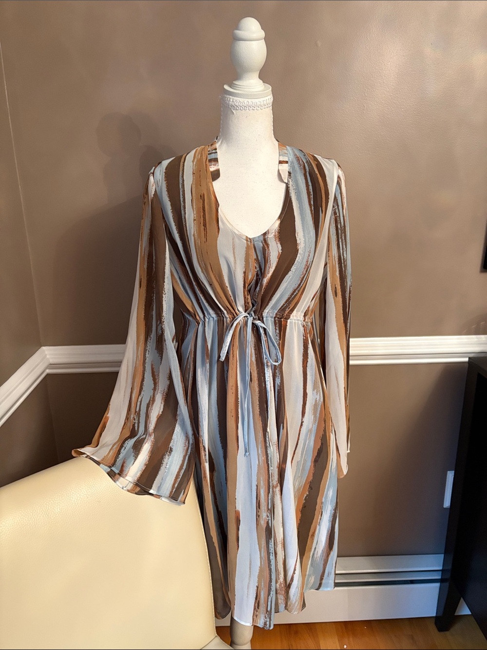 Kardashian Kollection Striped V-Neck Tie-Waist Dress in Brown and Light Blue